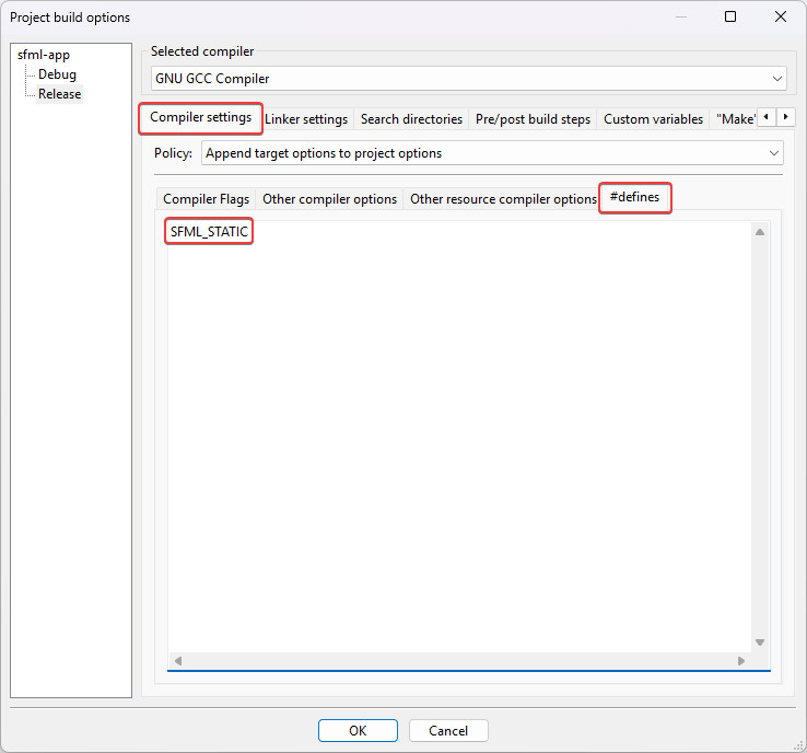 Screenshot of the dialog box for defining the SFML_STATIC macro