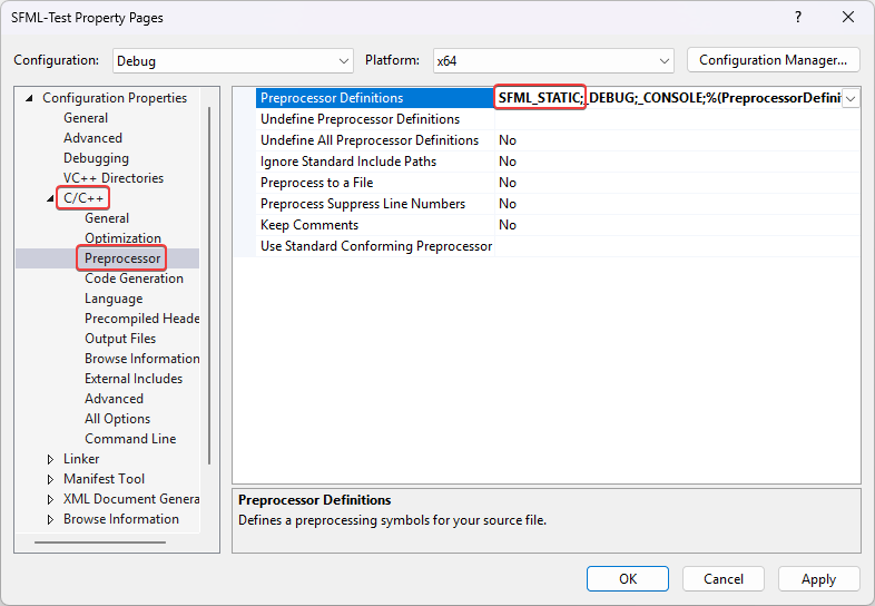 Screenshot of the dialog box for defining the SFML_STATIC macro