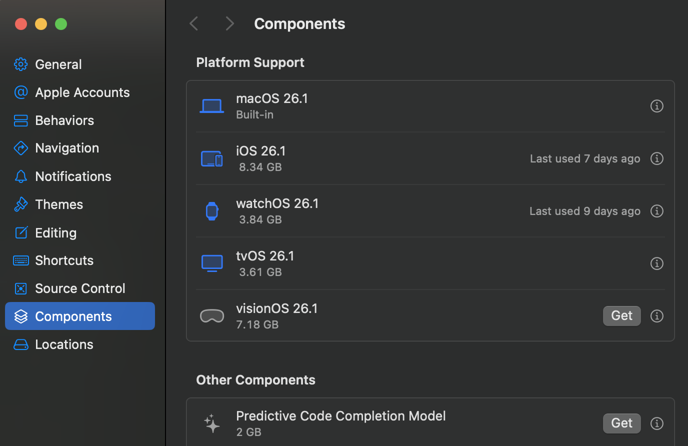 Xcode component preferences